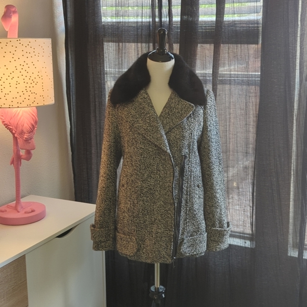 Atmosphere Tweed Coat w/ Faux Fur Collar